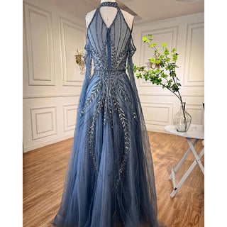 Luxury Dubai Blue Evening Dresses with Cape Sleeves: Elegant Silver Gray and Gold for Women's Wedding Party Gown