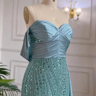 Oceanic Allure: Strapless Turquoise Mermaid Gown with Lace Beading and Detachable Skirt 2024