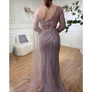 Arabic Pink Mermaid Evening Dress 2024 - Cape Sleeve, High Split, Beaded Gown for Women's Wedding Party