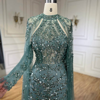 2024 Arabic Turquoise Cap Sleeve Mermaid Beaded Luxury Dubai Evening Dress Gown for Women Wedding Party