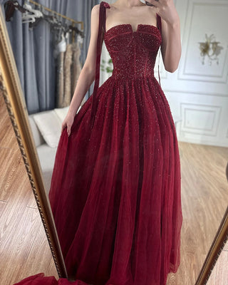 Ships in 1 to 3 Days - 2024 Saudi Wine Red Beaded Evening Gown - Spaghetti Strap A-Line Luxury Floor-Length Dress for Formal Occasions