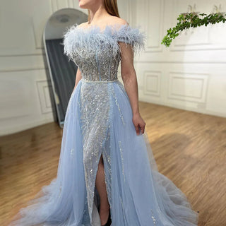 Blue Diamond Feather Mermaid Evening Dress with Overskirt - Wedding Party Gown for Women 2024