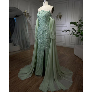 Luxurious Mint Beaded Mermaid Evening Dress Gown 2024: for Women Wedding Party