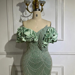 Luxury Dubai Sage Green Evening Dresses for Arabic Women: Elegant Off-Shoulder Mermaid Gown, Ideal for Champagne Wedding Parties