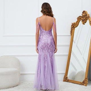 Sexy Purple Sequin Mesh Evening Dress - Strap Beaded Party Maxi Prom Dress for Women