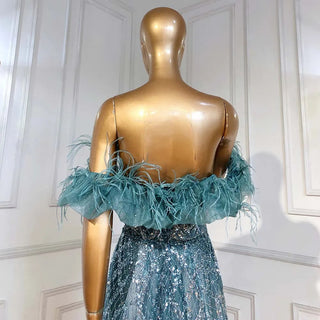 Turquoise A-Line Luxury Evening Dress - Feather Beaded Sweetheart Gown for Women Party 2024