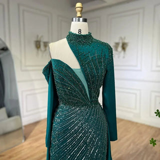 Arabic Green Elegant Mermaid One Shoulder Beaded Luxury Dubai Evening Dresses Gowns For Women Wedding Party