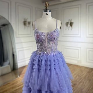 2024 Arabic Lilac Spaghetti Strap Tiered A-Line Lace Appliques Luxury Evening Gown for Women's Party