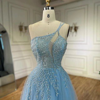 Arabic Blue Spaghetti Strap A-Line One Shoulder Beaded Luxury Evening Dresses Gowns for Women's Party 2024