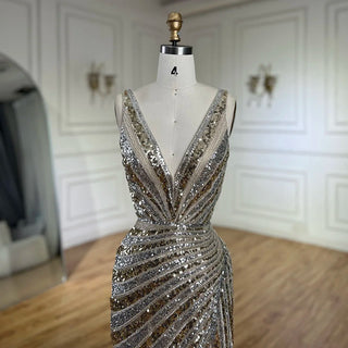 2024 Gold Mermaid Spaghetti Strap Side Slit Beaded Luxury Evening Dresses Gowns for Women Wedding Party