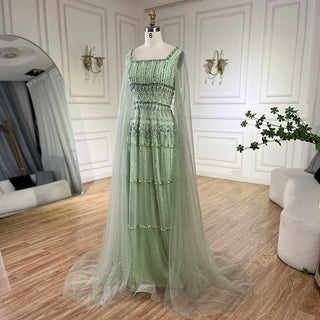 Ships in 1 to 3 Days - Arabic Sage Green A-Line Beaded Luxury Dubai Long Evening Gown with Cape Sleeves for Women