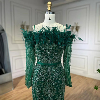 Luxury Dubai Green Boat Neck Mermaid Elegant Feathers Beaded Evening Dresses Gowns For Woman Wedding Party