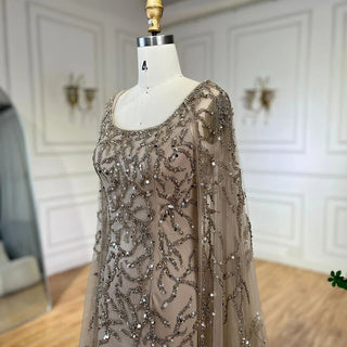 Gray Elegance: 2024 Mermaid Evening Gown with Cape Sleeves, Luxury Beading, and Arabic Inspiration