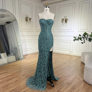 Ships in 1 to 3 Days - Arabic Turquoise Strapless High-Split Mermaid Beaded Luxury Evening Gown for Women Wedding Party 2024