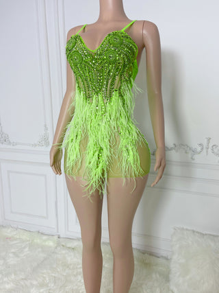 Ready To Ship in 1 to 3 Days - Vibrant Beaded and Feathered Mini Dress with Spaghetti Straps