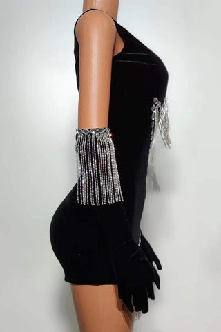 Dazzling Fringe Embellished Mini Dress with Sheer Panels and Gloves