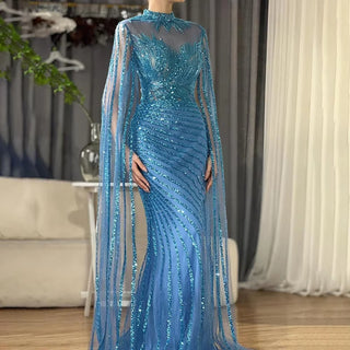 Arabic Nude Mermaid Cape Lace Beaded Long Evening Dresses for Formal Occasion