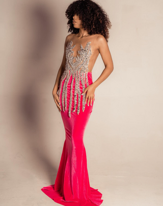 Fuchsia Velvet Crystal-Embellished Mermaid Gown