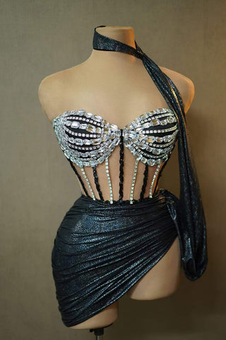 Ships in 1 to 3 Days - Glamorous Crystal Embellished Corset Halter Dress