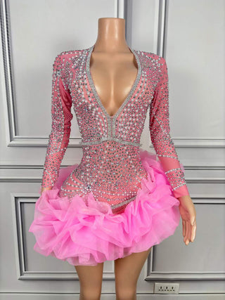 Glamorous Pink Sequin and Ruffle Long Sleeve Mini Dress