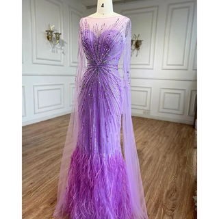 Luxury Dubai Lilac Feathers Evening Dresses with Cape Sleeves: Arabic Elegance for 2024 Women's Wedding Party and Prom Dress