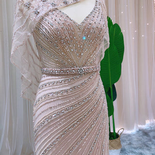 Arabic Champagne Dubai Mermaid Evening Dress with Cape: Luxury Beaded Formal Prom Dress for Women's Wedding Party