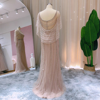 Arabic Champagne Dubai Mermaid Evening Dress with Cape: Luxury Beaded Formal Prom Dress for Women's Wedding Party