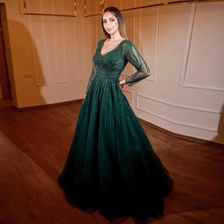 Arabic Emerald Green Muslim Evening Dress: Long Sleeve Luxury Burgundy Dubai Formal Dress for Women's Wedding