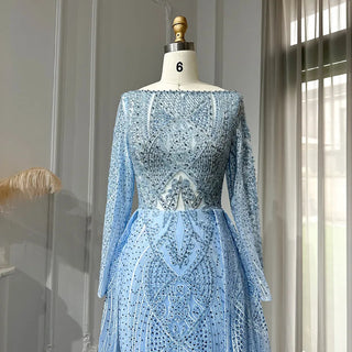 Blue Crystal Muslim Gown with Overskirt & Long Sleeves for Plus Size Wedding Celebrations.