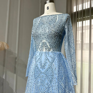 Blue Crystal Muslim Gown with Overskirt & Long Sleeves for Plus Size Wedding Celebrations.