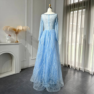 Blue Crystal Muslim Gown with Overskirt & Long Sleeves for Plus Size Wedding Celebrations.