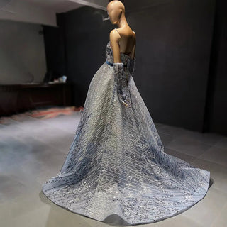 Azure Brilliance: Dubai-Inspired Glitter Blue Evening Gown with Crystal Beadwork - A Dazzling Display for Arabic Proms, Weddings, and Elegant Events.