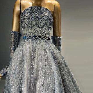 Azure Brilliance: Dubai-Inspired Glitter Blue Evening Gown with Crystal Beadwork - A Dazzling Display for Arabic Proms, Weddings, and Elegant Events.