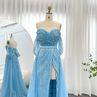 Azure Elegance: Blue Mermaid Evening Gown with High Split - Dubai-Inspired Luxury for Grand Wedding Affairs and Prom Celebrations.