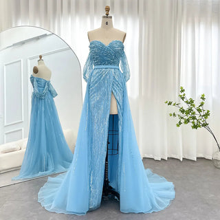 Azure Elegance: Blue Mermaid Evening Gown with High Split - Dubai-Inspired Luxury for Grand Wedding Affairs and Prom Celebrations.