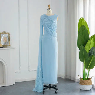 Azure Elegance: Light Blue Arabic Evening Gown with Feathered Cape - Dubai-Inspired Luxury for Women's Weddings and Grand Parties.