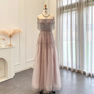 Pink A-Line O-Neck Tassel Elegant Beaded Luxury Dubai Evening Dresses Gowns For Women Party 2024