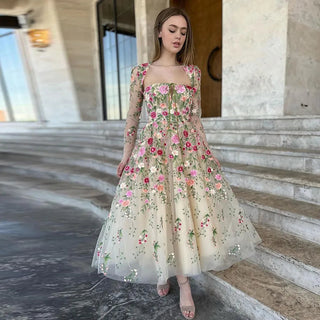 Blossom Affair: Garden Embroidery Short Evening Dress with Jacket - Ankle-Length Midi Elegance for Wedding Guests and Formal Parties.