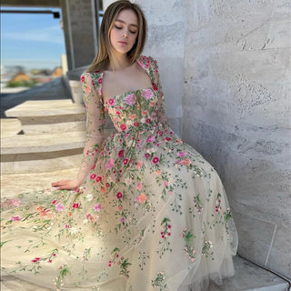 Blossom Affair: Garden Embroidery Short Evening Dress with Jacket - Ankle-Length Midi Elegance for Wedding Guests and Formal Parties.