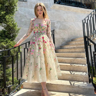 Blossom Affair: Garden Embroidery Short Evening Dress with Jacket - Ankle-Length Midi Elegance for Wedding Guests and Formal Parties.