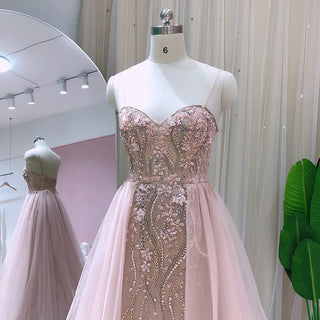 Blush Pink Dubai Evening Dresses with Overskirt: Sexy Spaghetti Straps, Long Luxury Dress for Wedding Party or Prom