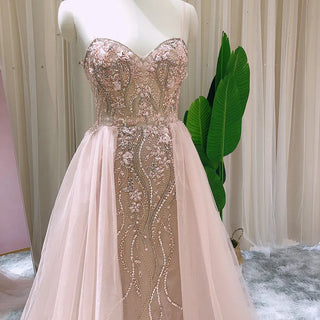 Blush Pink Dubai Evening Dresses with Overskirt: Sexy Spaghetti Straps, Long Luxury Dress for Wedding Party or Prom