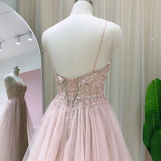 Blush Pink Dubai Evening Dresses with Overskirt: Sexy Spaghetti Straps, Long Luxury Dress for Wedding Party or Prom