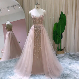 Blush Pink Dubai Evening Dresses with Overskirt: Sexy Spaghetti Straps, Long Luxury Dress for Wedding Party or Prom