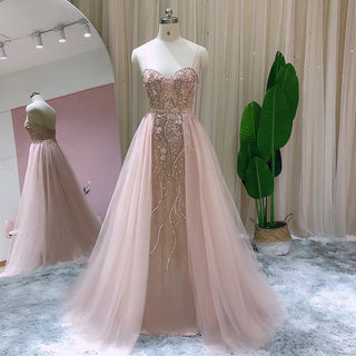 Blush Pink Dubai Evening Dresses with Overskirt: Sexy Spaghetti Straps, Long Luxury Dress for Wedding Party or Prom