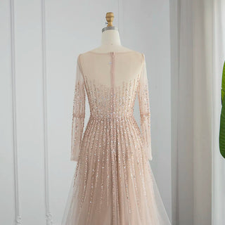 Blush Pink Long Sleeve Luxury Dubai Evening Dress for Wedding Party: Beaded Elegant Arabic Women's Formal Gowns