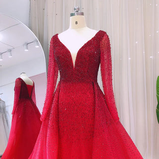 Burgundy Brilliance: Luxury Crystal Evening Dresses with Overskirt and Long Sleeves, Perfect for Elegant Arabic-inspired Wedding Party Gowns.