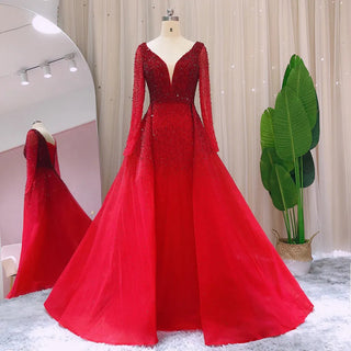 Burgundy Brilliance: Luxury Crystal Evening Dresses with Overskirt and Long Sleeves, Perfect for Elegant Arabic-inspired Wedding Party Gowns.