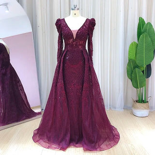 Ships in 1 to 3 Days - Burgundy Long Sleeve Dubai Evening Dresses with Overskirt: Pink Arabic Plus Size Formal Dress for Wedding Party Gowns