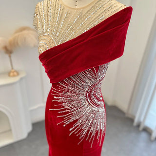 Burgundy Velvet Elegance: Elegant Mermaid Evening Dress with Luxury Beaded Navy Blue Accents for Women at Wedding Parties and Formal Events.